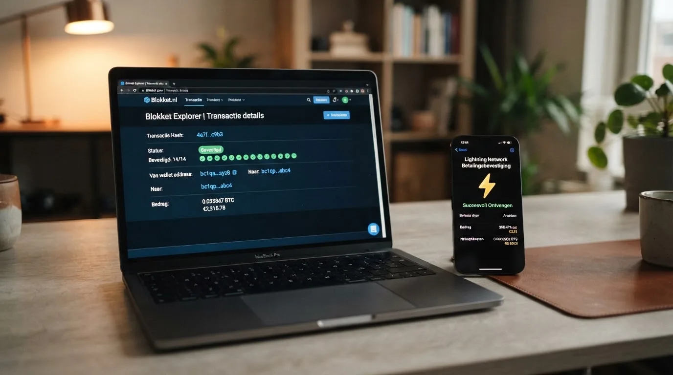 Een blockchain-explorer die een bitcoin-transactie toont met wallet-adres en bevestigingen