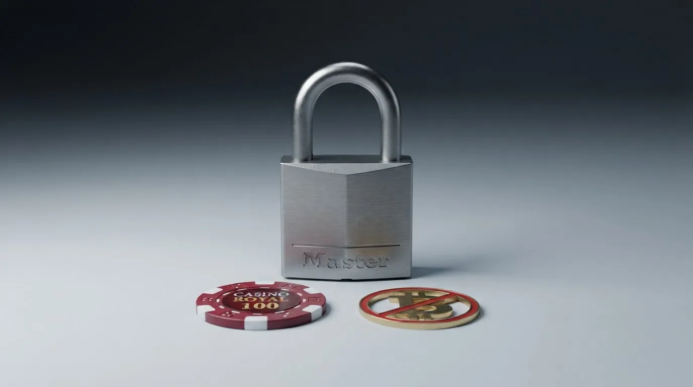 Het logo van de Kansspelautoriteit naast een bitcoin-symbool met een rood kruis erdoor