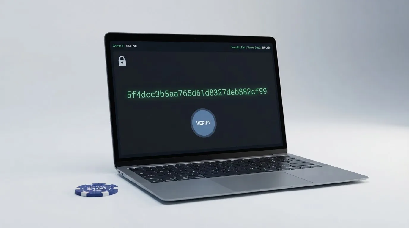 Een interface van een provably-fair-spel met een zichtbare hash-code en verificatieknop